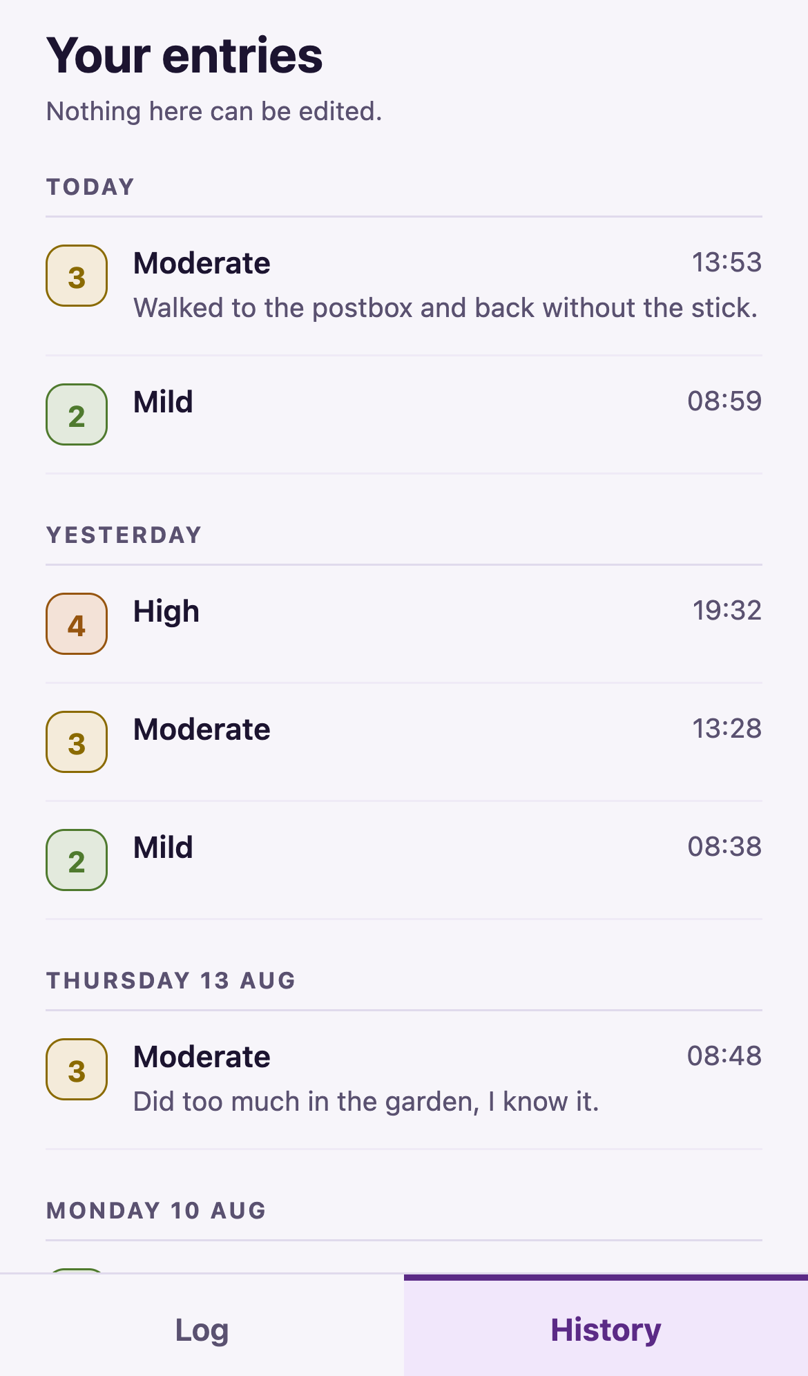 The patient app history screen, showing entries grouped by day with their scores and notes.